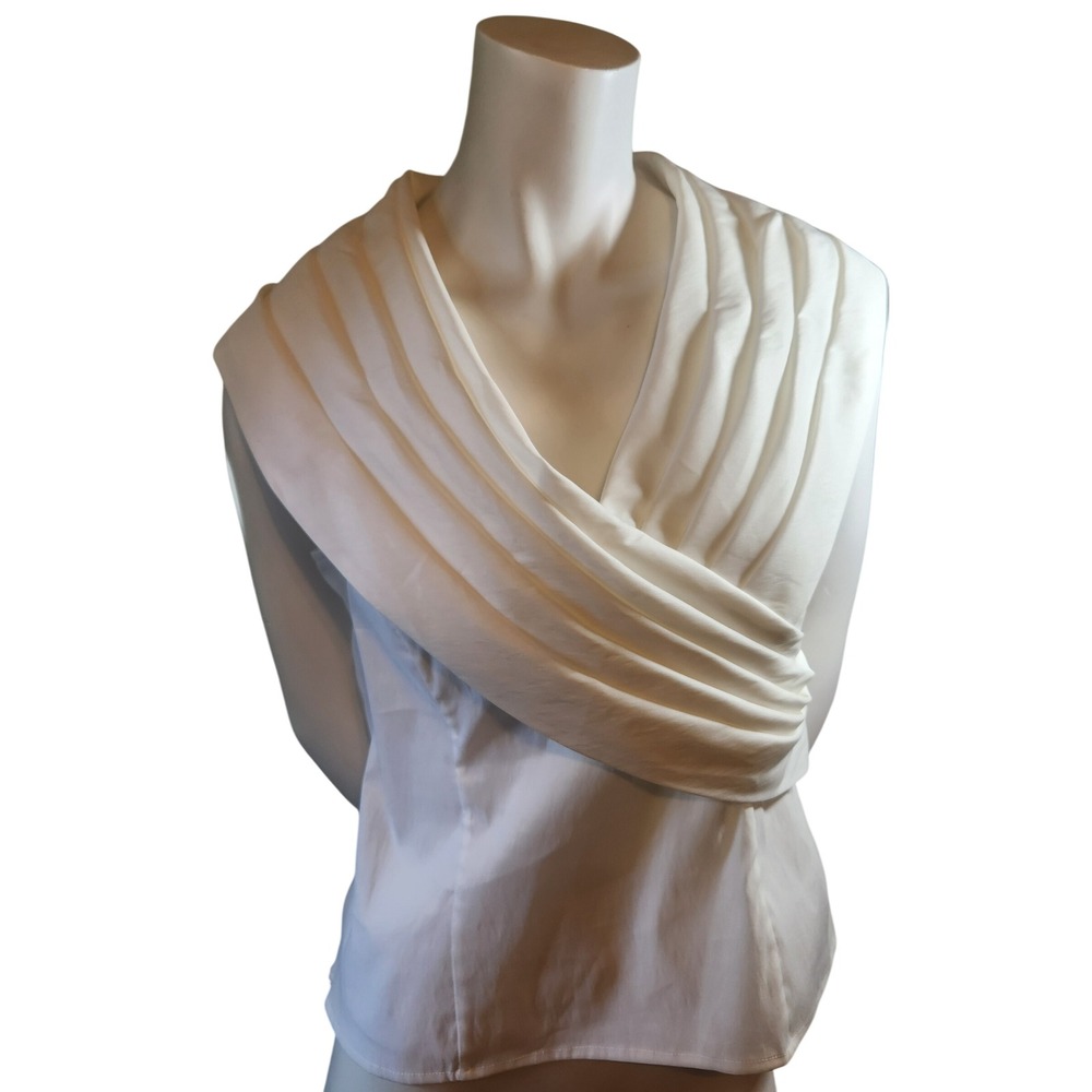 Samuel Dong White Pleated Shawl Collar Sleeveless Blouse Top Large Side Zip